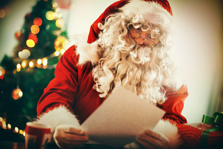 Santa Claus reading letters and wishlists.